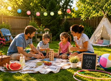 A family enjoying the summer in the backyard with a picnic  and games.