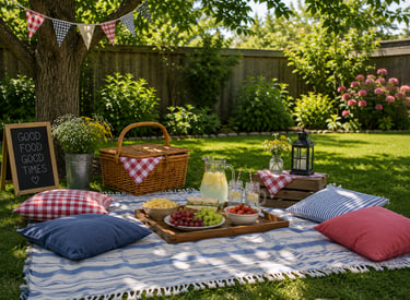 A picnic setup in the backyard complete with blanket, food and drinks.