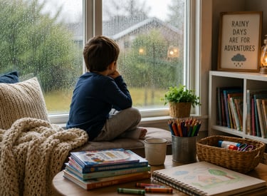A child looking outside the window to see it is raining outside. 