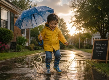 A child splashing in the puddles after a rainstorm,.