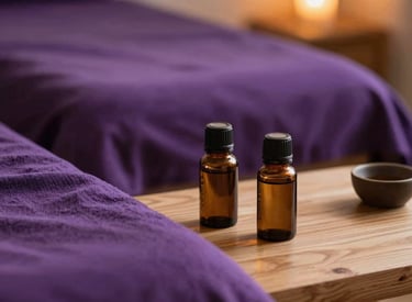 A tranquil therapeutic setting with soft royal purple textiles and natural wood elements, diffusing essential oils and soft golden ambient light, sophisticated healing atmosphere, global/western.