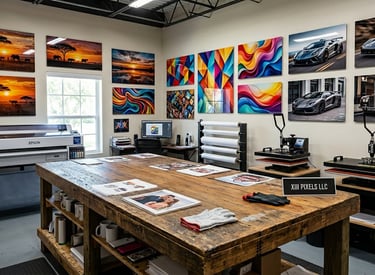 Custom print shop with Epson wide format printer, heat press machines, and wall art gallery.