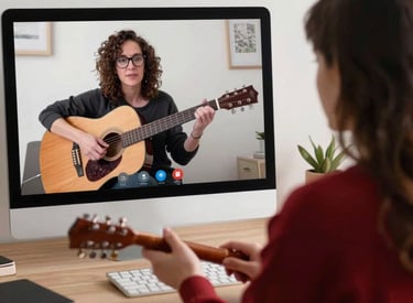 A student practicing guitar at home, focused and engaged during an online lesson.
