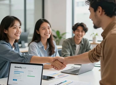 Photo of a happy client shaking hands with a GrowthPixel team member after project completion.