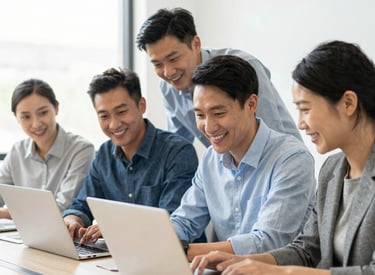 A friendly team collaborating over laptops in a bright, modern office space.