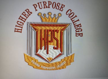 Embroidered logo for Higher Purpose College featuring a gold crown and shield with the HPC initials.