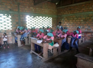Students in pink and blue uniforms study in a brick classroom during a rural community education session.
