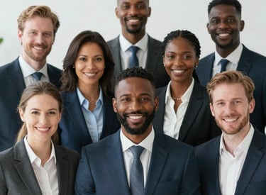 A vibrant gathering of French and Gambian professionals sharing ideas in a modern conference room.