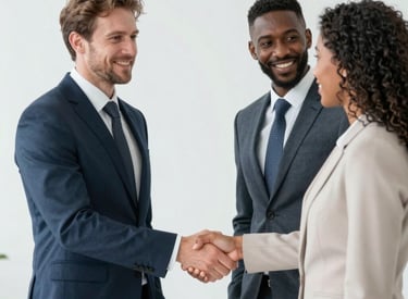 A group of Franco-Gambian delegates warmly shaking hands during a cultural exchange event.