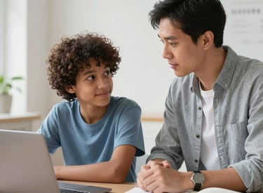 A warm, inviting study space with a tutor and student engaged in a focused session.