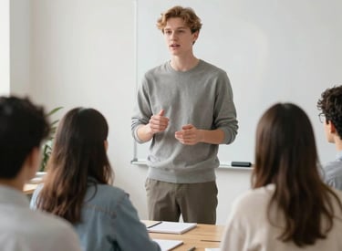 A confident young student presenting ideas in a small group setting.