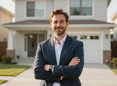 A confident investor reviewing property listings on a tablet in a modern office space.