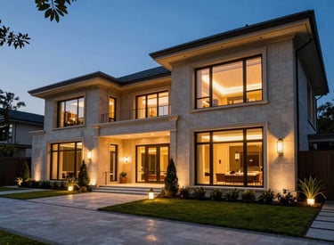 Elegant modern mansion with expansive glass windows and a sleek driveway.