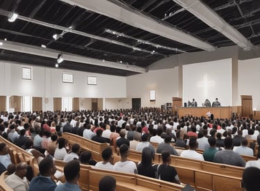 A vibrant group of church members gathered in joyful worship inside the Empowerment Center.