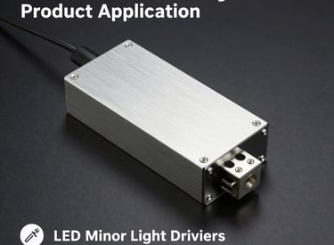 Close-up of a sleek LED power supply unit glowing softly in a modern workspace.