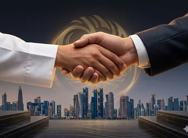 Business handshake between partners over a modern city skyline, symbolizing global trade and cooperation.
