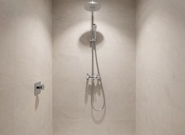 A completed bathroom renovation featuring modern tiles and fittings.