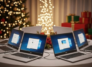 three laptops sitting on a table with christmas presents