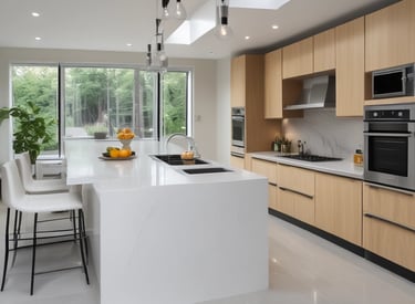 A beautifully renovated kitchen with modern cabinetry and warm lighting.