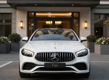 A sleek black luxury car parked in front of a modern Swiss mountain chalet at sunset.