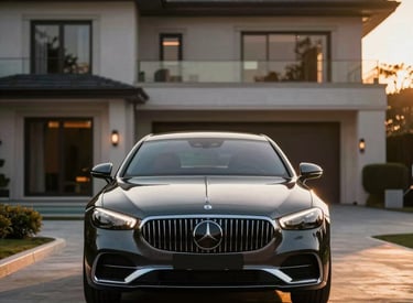 Elegant concierge handing car keys to a well-dressed client beside a luxury vehicle.