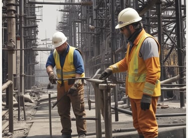 A team of engineers inspecting oil rig equipment at a Venezuelan oil field.