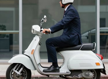 Tour guide assisting tourists on electric Vespas with a city skyline in the background.