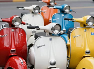Classic electric Vespa parked on a sunlit cobblestone street in an urban setting.