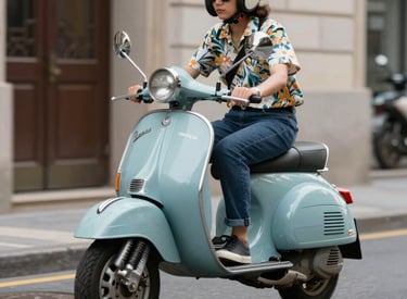 Scenic urban route with a rider enjoying a classic electric vespa.