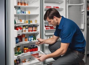 Image showing a professional fixing a refrigerator in a bright, clean kitchen.