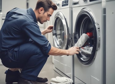High-quality photo of a modern kitchen with a washing machine being repaired by a technician.