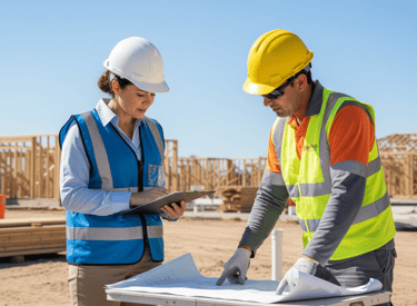 JanTech exterminators planning installation of reticulation review blueprints at a building site.
