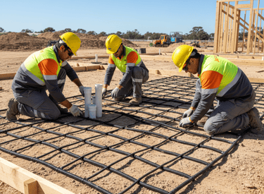 exterminators in hard hats install termite reticulation for a concrete house slab foundation.