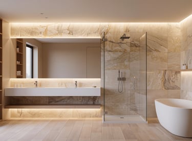 Cozy modern bathroom with warm lighting and spa-like atmosphere