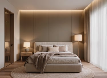 Cozy modern bedroom with warm lighting and neutral tones
