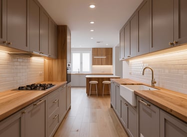 Cozy modern kitchen with wide view and warm ambient lighting