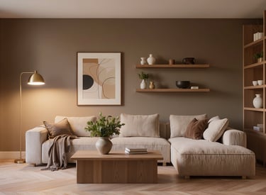 Cozy modern living room with soft textures and warm atmosphere