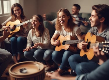 An Indian woman painting vibrant colors on a canvas, surrounded by musical instruments and dance props.
