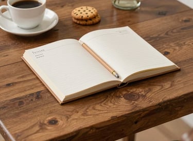 A cozy pastel-colored agenda open on a wooden desk with delicate floral decorations.