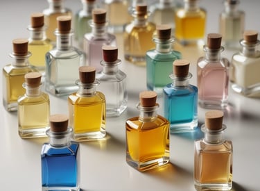 Close-up of a rustic wooden table displaying elegant glass bottles of rich, earthy scents.