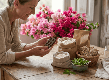 Mujer madura feliz de comer chocolate sin azucar, harina de alemdras y variedad de productos iguales
