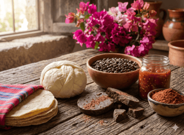 variedad de productos regionales chiapanecos,  quesillo, café, tascalate, chocolate, tortillas y salsa