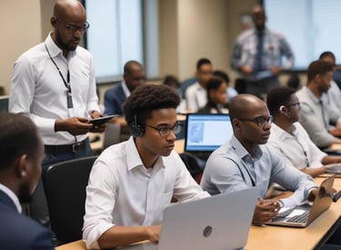 Technician providing remote IT support to a small business owner in Mali.