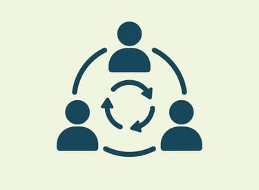 A team collaboration icon showing three people linked by circular arrows symbolizing workflow and communication.