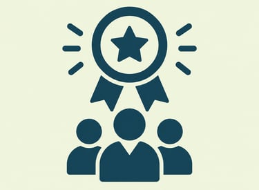 Blue team success icon showing a star medal award above three people symbols for business achievement.