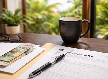 Formularios de declaración del IVA sobre un escritorio, junto a dinero en efectivo, un bolígrafo y u