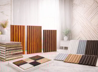 Modern fluted WPC wall panel samples in various wood finishes for interior home decor.