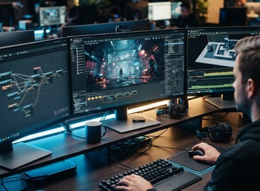 A sleek digital game development environment, close-up of high-end gaming interface on multiple monitors, neon blue and gold ambient lighting, 35mm photography
