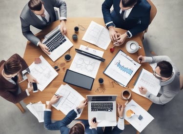 A professional team collaborating around a table with laptops and charts, symbolizing business development.