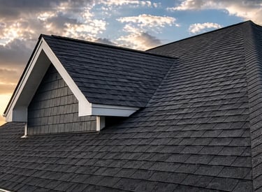 New dark grey asphalt shingle roof installation on a residential home during a golden hour sunset.